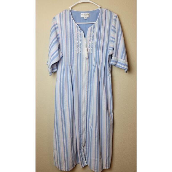Vtg Miss Elaine Blue Pink Seersucker Housecoat Robe Zipper Embroidered PS S - Picture 1 of 7